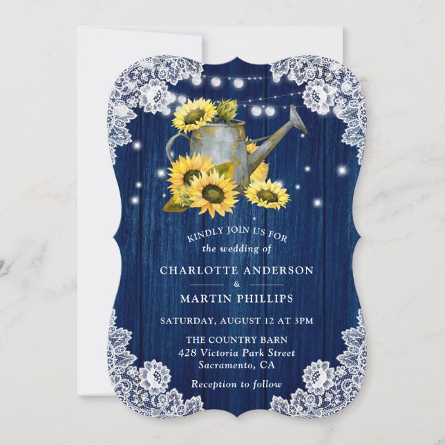 Blaue Sonnenblume Rustikale Hochzeit aus Holz Einladung (Vorderseite)