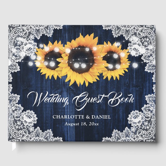 Blaue Sonnenblume Rustikale Hochzeit aus Holz Gästebuch (Vorderseite)