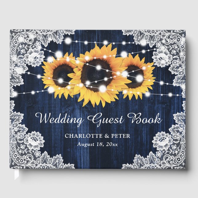 Blaue Sonnenblume Rustikale Hochzeit aus Holz Gästebuch (Vorderseite)