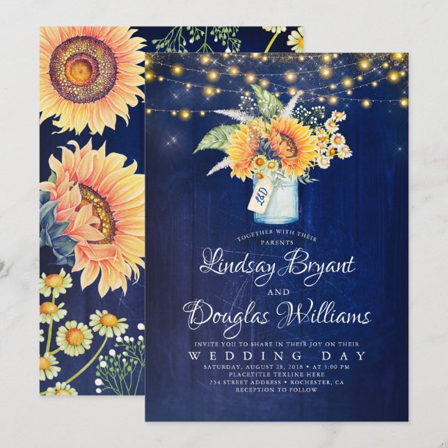 Blaue Sonnenblume Rustikale Hochzeitseinladungen Einladung (Vorne/Hinten)