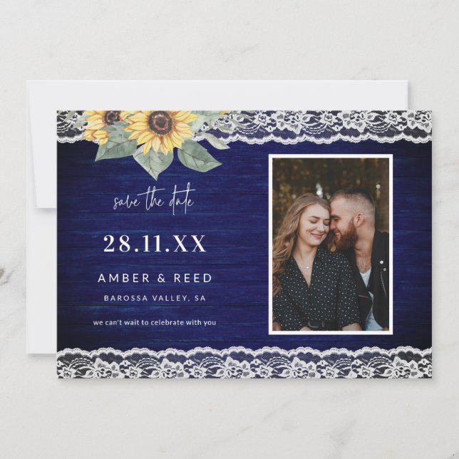 Blaue Sonnenblume & Spitzen Rustikales Foto aus Ho Save The Date (Vorderseite)