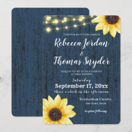 Blaue Sonnenblume und Lichter Rustikale Hochzeit Einladung
