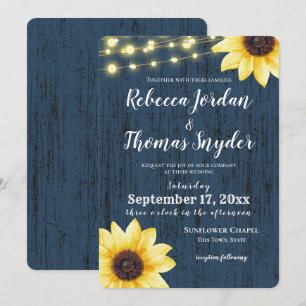 Blaue Sonnenblume und Lichter Rustikale Hochzeit Einladung