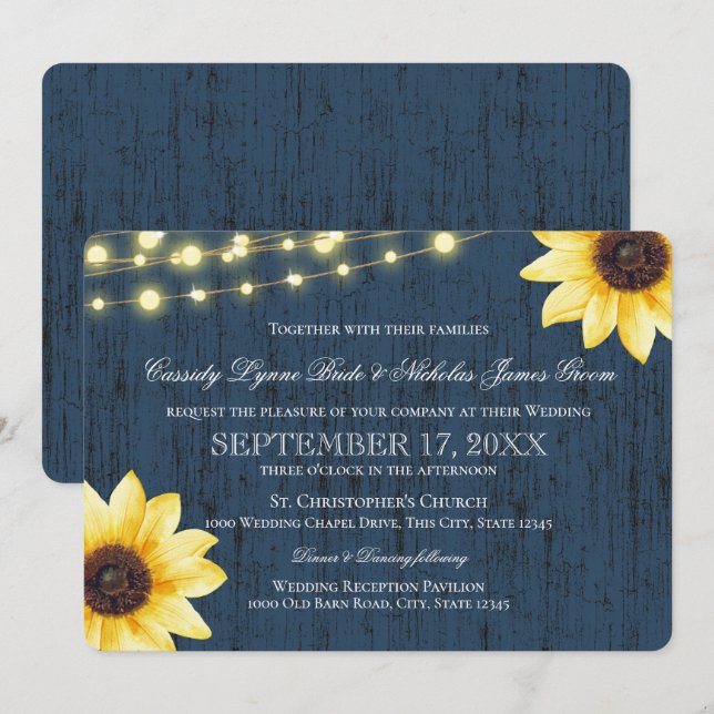 Blaue Sonnenblume und Lichter Rustikale Hochzeit Einladung (Vorne/Hinten)
