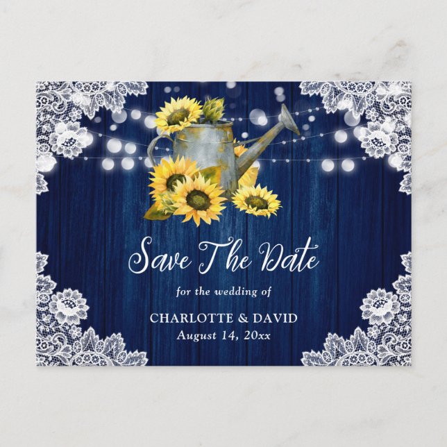 Blaue Sonnenblume Wasser kann Hochzeit Holz Ankündigungspostkarte (Vorderseite)