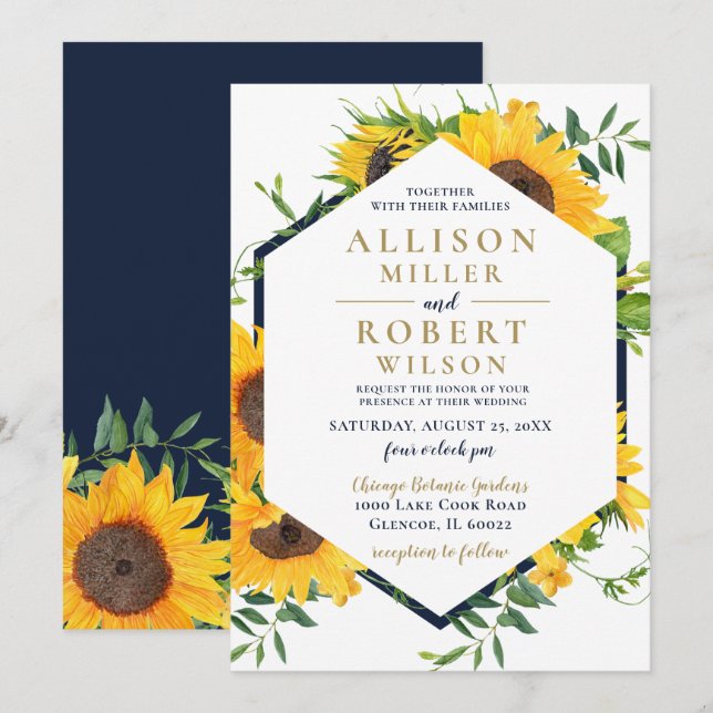 Blaue Sonnenblume Wasserfarbe Hochzeit rustikal Einladung (Vorne/Hinten)