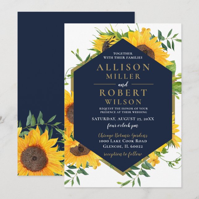Blaue Sonnenblume Wasserfarbe Hochzeit rustikal Einladung (Vorne/Hinten)