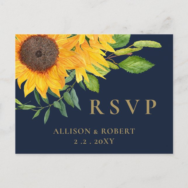Blaue Sonnenblume Wasserfarbe Hochzeit rustikal Einladungspostkarte (Vorderseite)