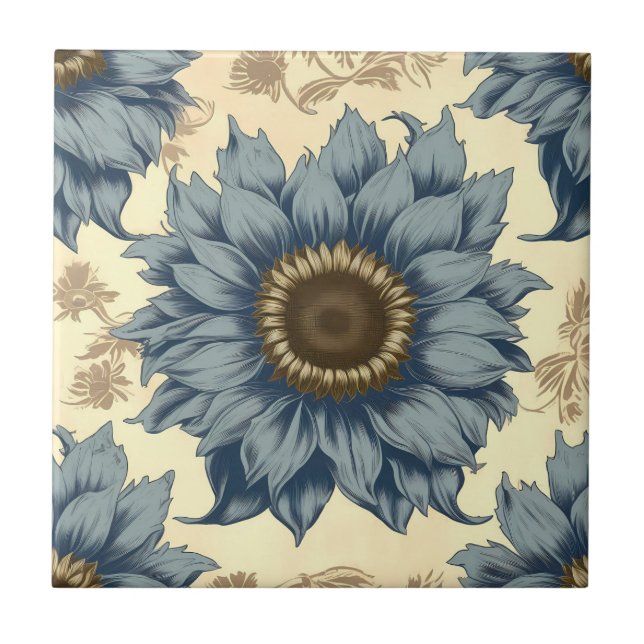 Blaue Sonnenblumen auf beigem Hintergrund Fliese (Vorderseite)