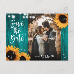 Blaue Sonnenblumen-Hochzeitsfoto Save The Date Ankündigungspostkarte