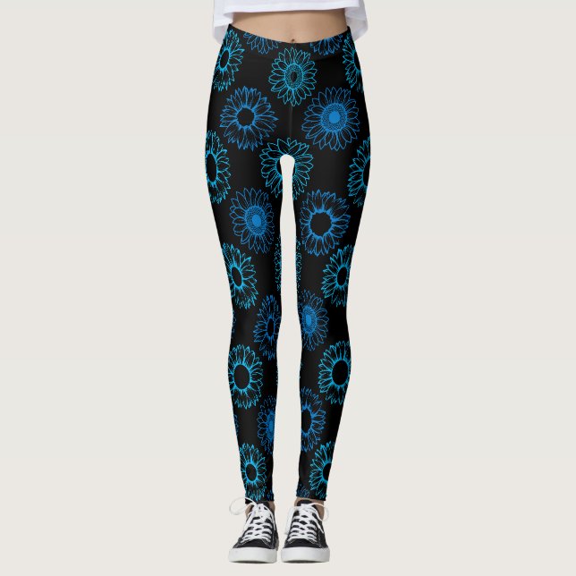 Blaue Sonnenblumen Muster Schwarz BG Leggings (Vorderseite)