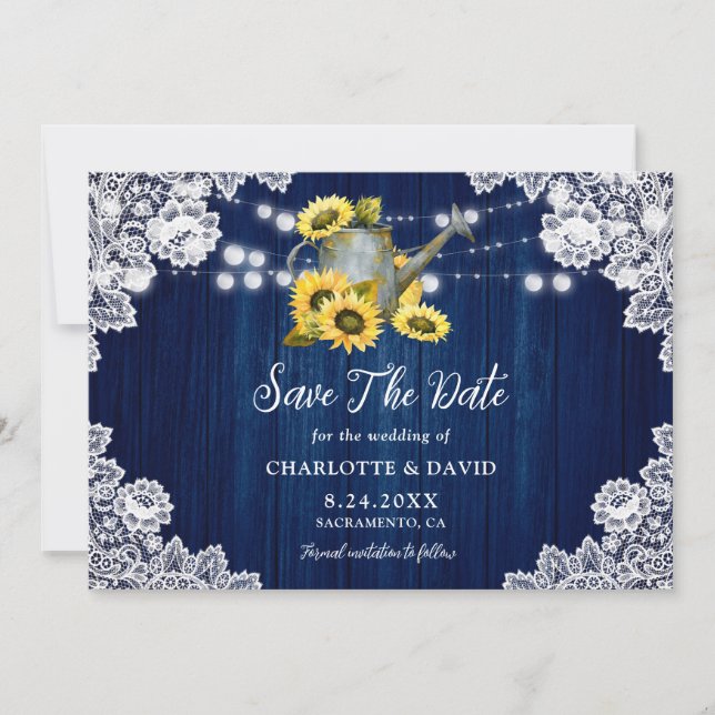 Blaue Sonnenblumenblume mit Spitzhackenwasser Hoch Save The Date (Vorderseite)