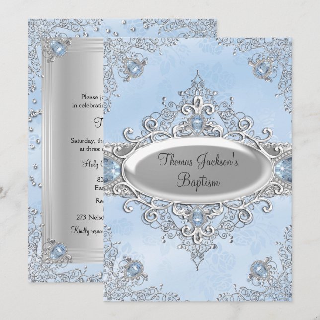 Blaue Sparkle Jewel Taufe/Christening Einladung (Vorne/Hinten)