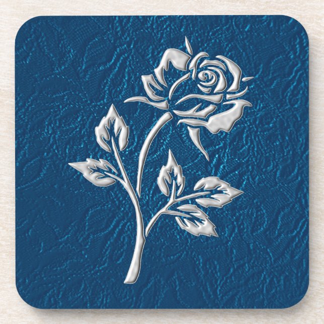 Blaue Spitze mit silberer Rose Getränkeuntersetzer (Vorderseite)