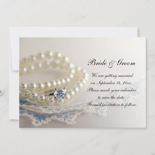 Blaue Spitzen, Perlen, Ring Wedding Save the Date Einladung (Vorderseite)