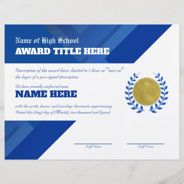 BLAUE SPORTS Recognition Award Briefbogen (Vorderseite)
