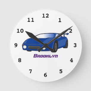 Blaue Sportwagen mit Airfolienillustrierung Runde Wanduhr