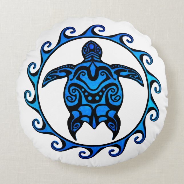 Blaue Stammes- Schildkröte Sun Rundes Kissen (Vorderseite)