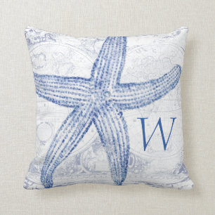 Blaue Starfish-Küstenkarten-mit Monogramm Initial Kissen