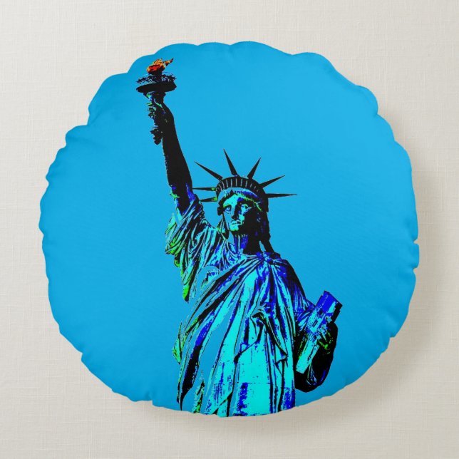 Blaue Statue der Lady Liberty Rundes Kissen (Vorderseite)