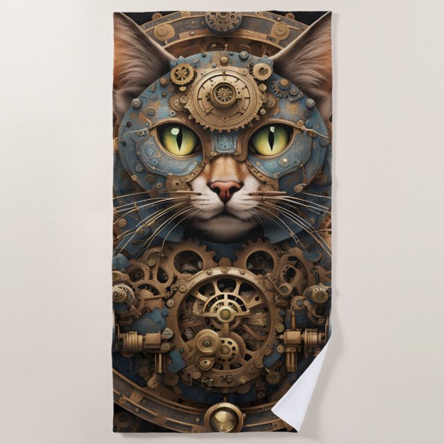 Blaue Steampe Katze KI Kunstrandtuch Strandtuch (Vorderseite)