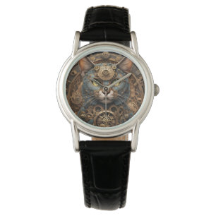 blaue steampunk-Katzen-KI-Kunst-Damen-Uhr Armbanduhr