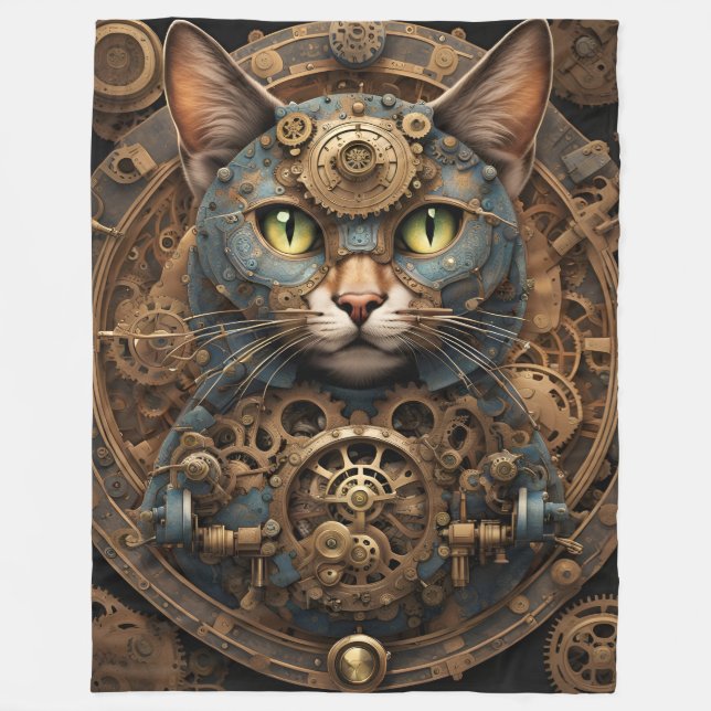 Blaue Steampunkkatze KI Kunstdecke Fleecedecke (Vorderseite)