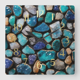 Blaue Steine in Gold getrimmt Quadratische Wanduhr
