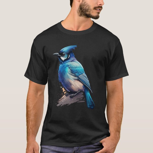 Blaue Stellar Jay Artistic Bird Wasserfarbe Natur  T-Shirt (Vorderseite)