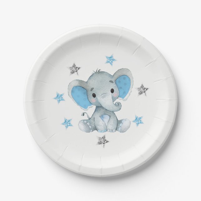 Blaue Sterne, Elephant Plate 4 Kinderdusche, Gebur Pappteller (Vorderseite)