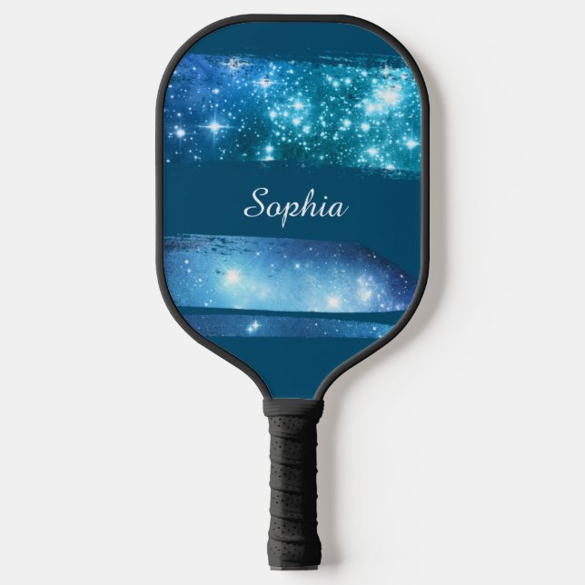Blaue Sterne Pinselstriche, weißer Skriptname, bla Pickleball Schläger (Vorderseite)