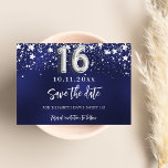 Blaue Sterne Sweet 16 Save The Date<br><div class="desc">Ein modernes und elegantes Save the Date für einen süßen 16. Geburtstag. Ein marineblau mit silbernen Imitaten dekorierter Hintergrund. Personalisieren und fügen Sie Datum und Namen hinzu. Die blaue Farbe ist ungleichmäßig. Der Text: Save the Date ist mit einem großen angesagten, handgeschriebenen Stilskript geschrieben.</div>