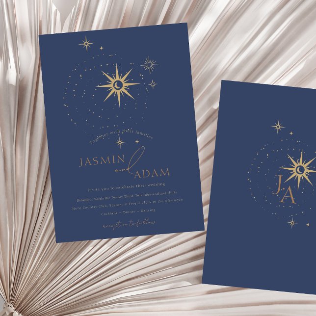 Blaue Sterne und Hochzeiten der Himmelfahrt Folieneinladung (Celestial Navy Blue Stars and Gold Wedding Foil Invitation)
