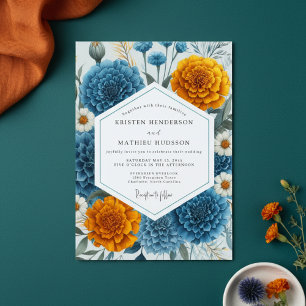 Blaue Stimmungs-Hochzeit im Floral-Design Einladung