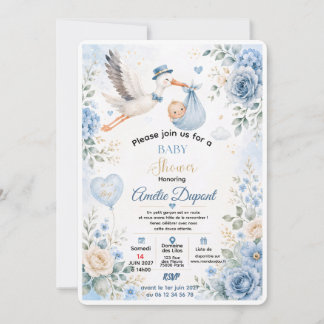 Blaue Storch-Baby-Party-Einladung | Elegante Wasse Einladung