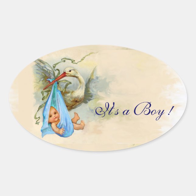 BLAUE STORK BABY BOY SHOWER OVALER AUFKLEBER (Vorderseite)