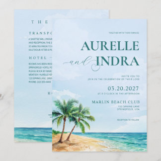 Blaue Strand Sommer Aquarell QR Hochzeitsfeier Einladung