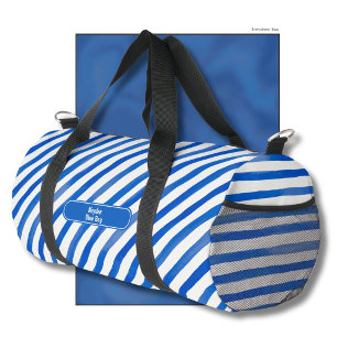 Blaue Streifen auf Weiß und Text Duffle Bag