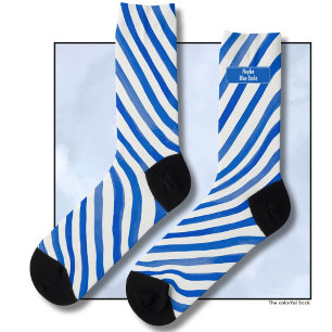 Blaue Streifen auf Weiß und Text Socken