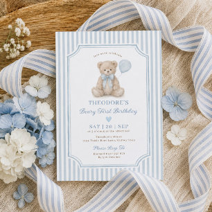 Blaue Streifen Beary Erster Geburtstag Teddybär-Pa Einladung