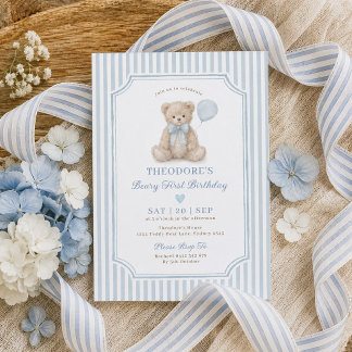 Blaue Streifen Beary Erster Geburtstag Teddybär-Pa Einladung