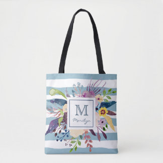 Blaue Streifen, BlumenAquarell gemaltes Monogramm Tasche