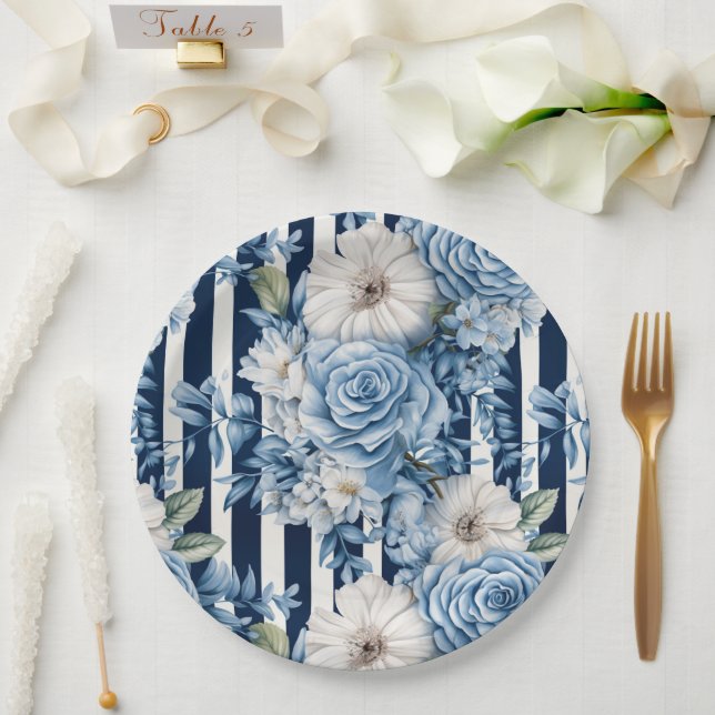 Blaue Streifen Blumenmuster Brautparty Pappteller (Hochzeit)
