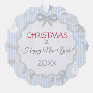 Blaue Streifen-Bogen Whimsical Weihnachten Silber Ornament Karte
