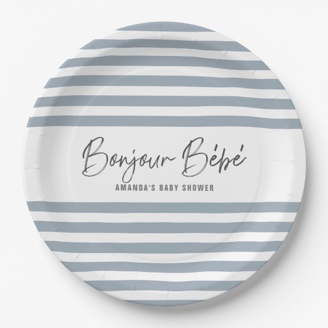 Blaue Streifen Bonjour Bebe Pappteller (Vorderseite)