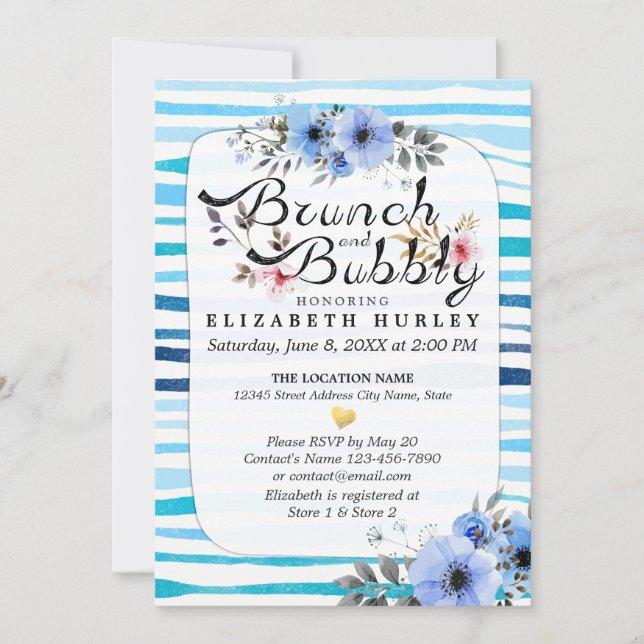Blaue Streifen Brunch & Bubbly Brautparty Einladung (Vorderseite)