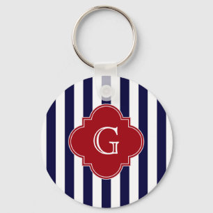 Blaue Streifen Cranberry Quatrefolienmonogramm Schlüsselanhänger