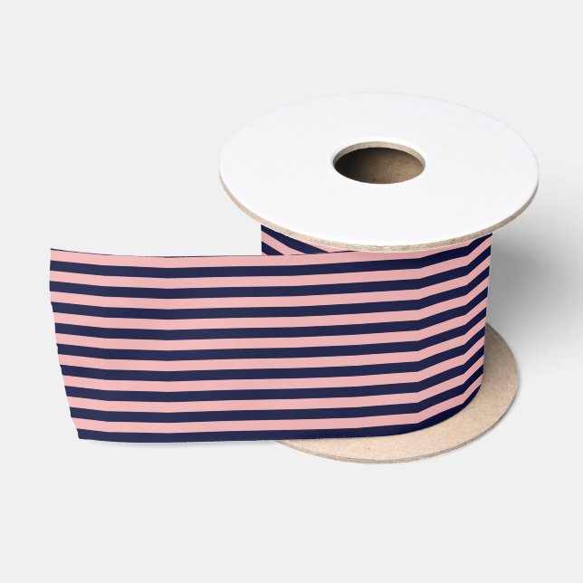 Blaue Streifen der Marine auf korallenrotem rosa Satinband (Spule)