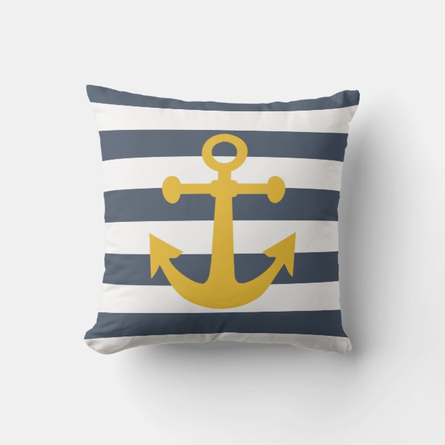 Blaue Streifen der Navy, Senf-Gelb-Anker Kissen Für Draußen (Vorderseite)