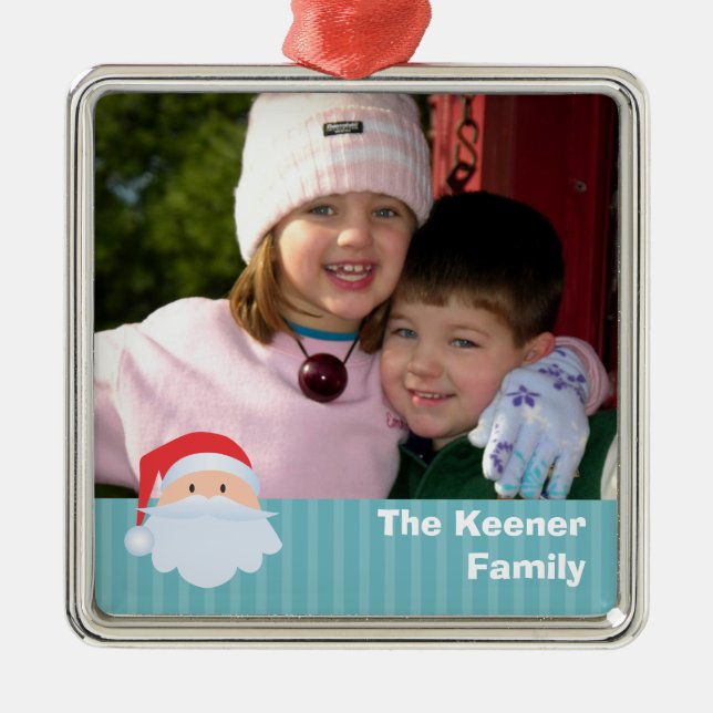 Blaue Streifen des Santa Custom Foto Silbernes Ornament (Vorne)